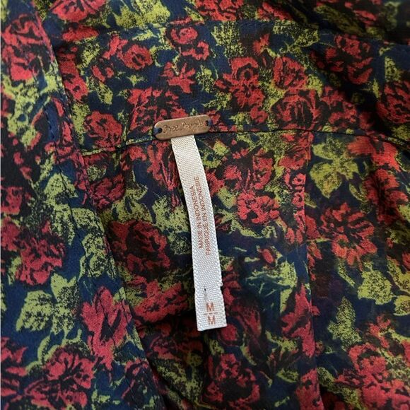 Free People Easy Rider Blue Green Red Rose Floral Sheer Button Up Blouse Sz M - Picture 11 of 12